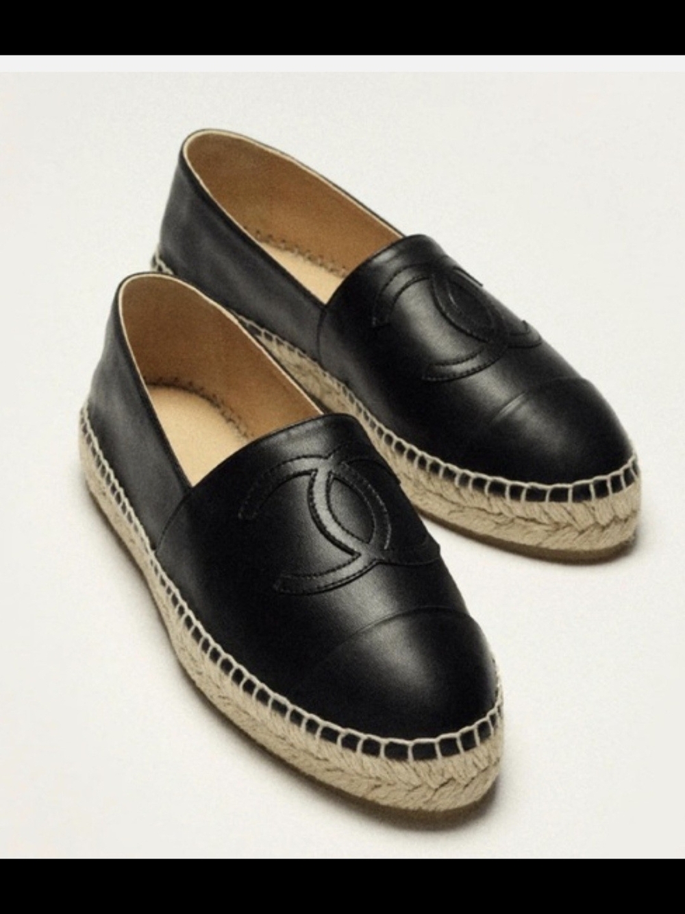 CHANEL Black Leather Espadrille Slip-Ons with CC Motif